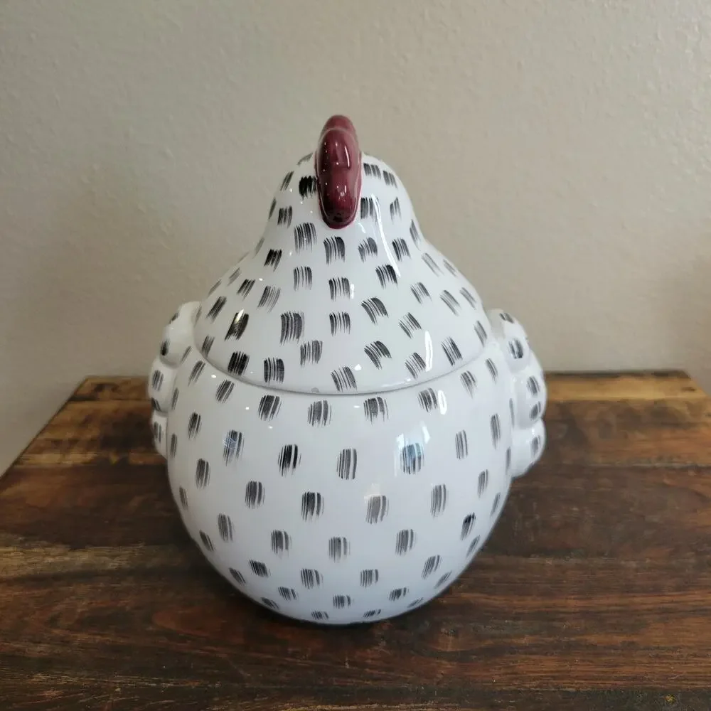Farmhouse Ceramic Chicken Lidded Bowl Brushstroke Pattern